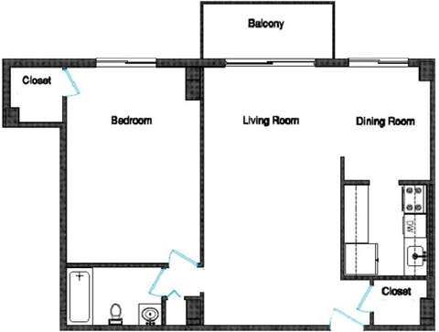 Floor plan for 1 bed, 1 bath, 773 sqft